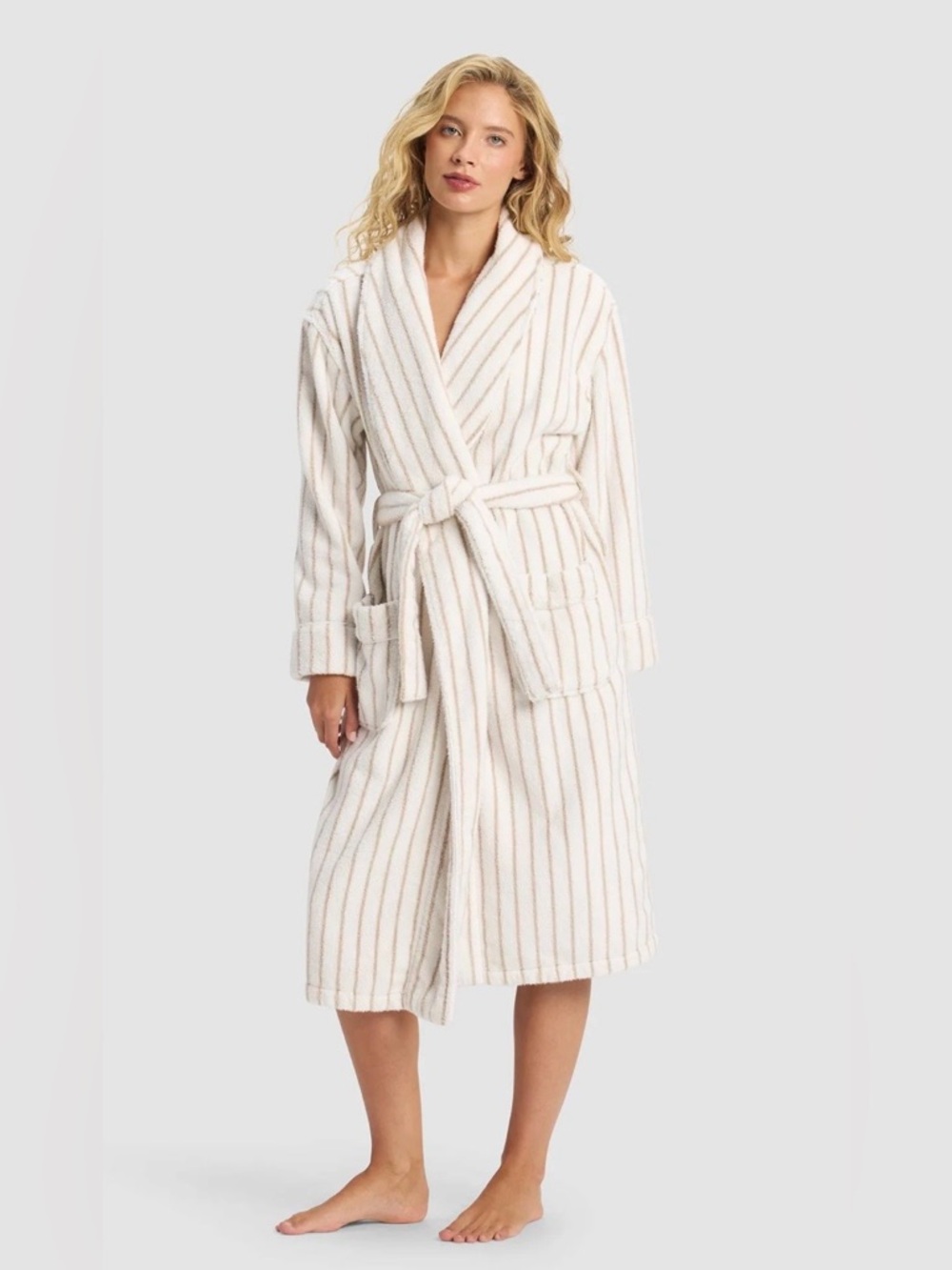 Cozy Earth Luxe Bath Robe Cream Sand Stripe Size XS